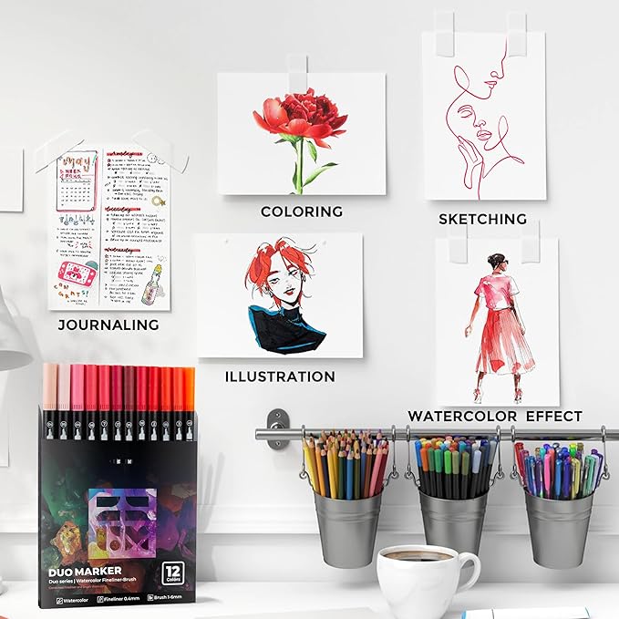 Red Duo Tip Marker Pens, 12 Pack Fine & Brush Markers for Adult Coloring Books No Bleeding, Vibrant Red Markers for Holiday Cards, Bold Lettering, Attention-Grabbing Highlights and Logos