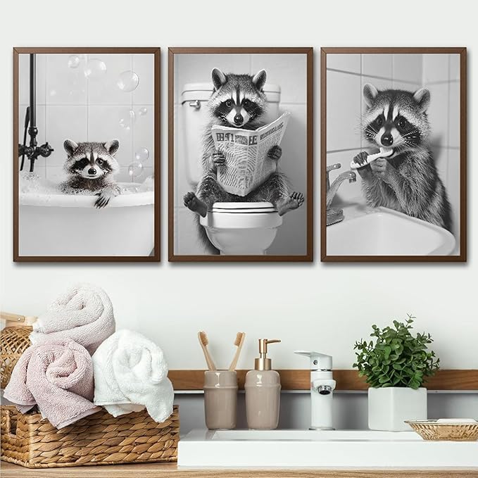 Funny Raccoon Bathroom Canvas Wall Art Black and White Cute Raccoon Sitting on Toilet Poster Print Artwork Humor Adorable Animals Pictures Wall Decor for Washroom Restroom laundry 16x24in Unframed