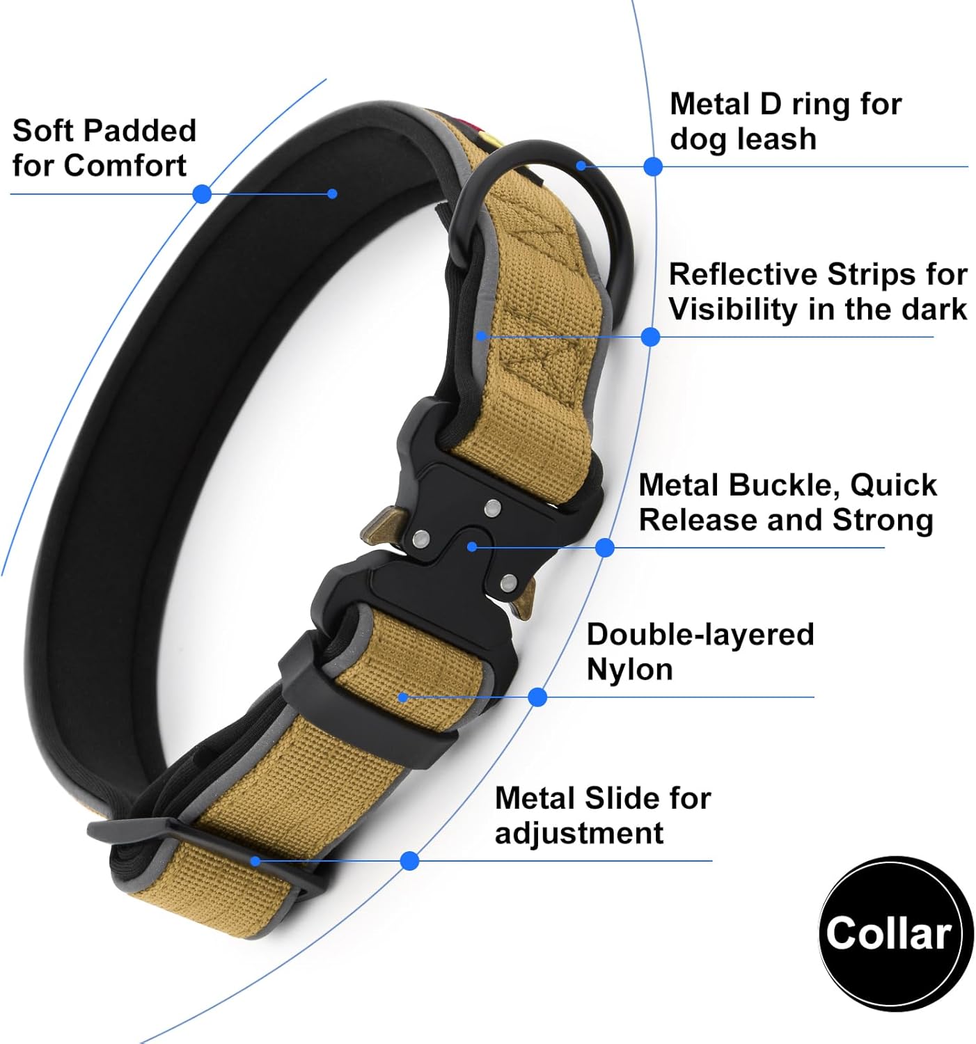 Plutus Pet Tactical Dog Collar, Reflective, Adjustable Heavy Duty Dog Collar, Soft Padded and Comfortable, for Small Medium and Large Dogs (Brown, XL)