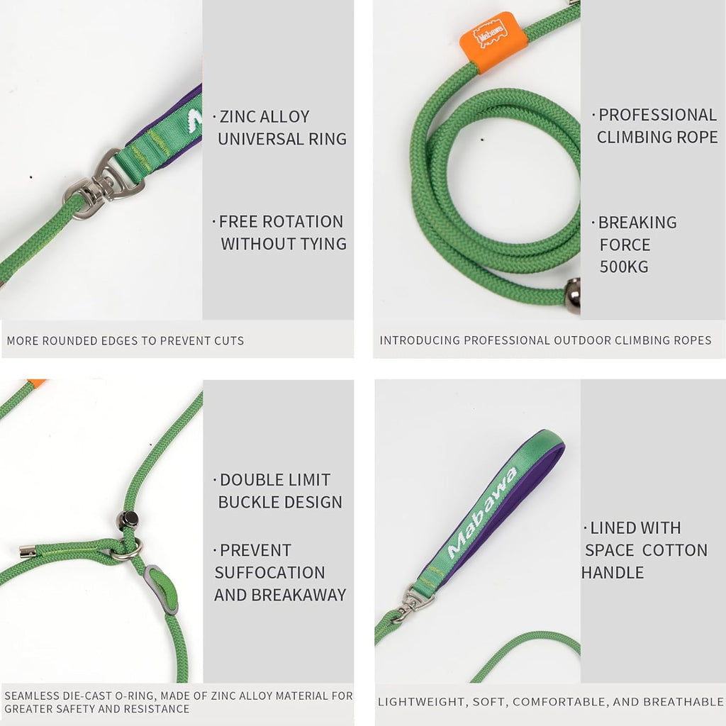 Dog Anti-Slip Leash 5FT with Metal Stopper - Durable No-Pull Training Lead for Small, Medium & Large Dogs - Comfortable Handle Nylon Rope, Tangle-Free Pet Walking Leash (Green, 5 FT)