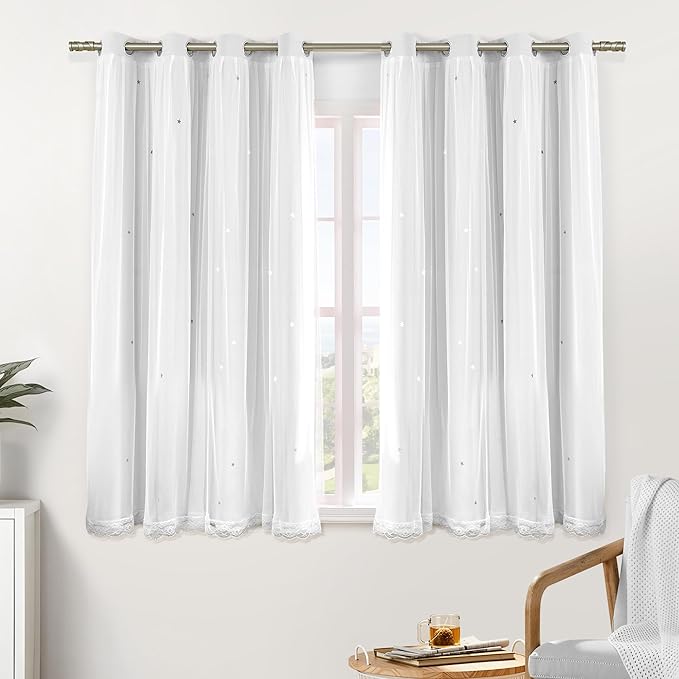 XiDi White Curtains with Sheer Overlay for Girls Bedroom 2 Panels Blackout Double Layer Curtains 63 Inches Length for Kids Princess Nursery Room Star Cut Out Home Decor Grommet Window Drapes W52 X L63