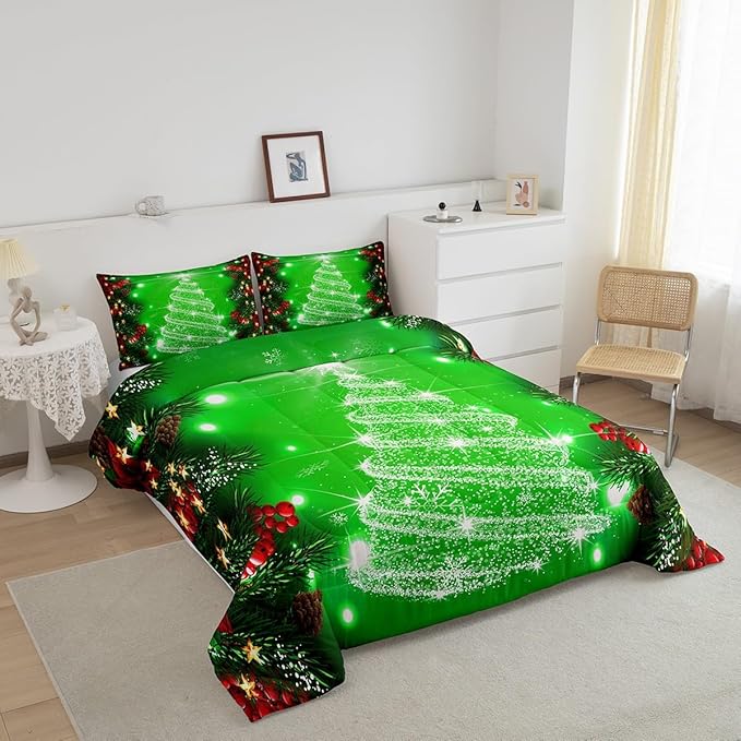 Feelyou Kids Merry Christmas Decorations Comforter Set, Kids Santa Tree Bedding Set Full Size for Boys Girls Teens Xmas Christmas Bell Decor Comforter Glitter Green Quilt Set