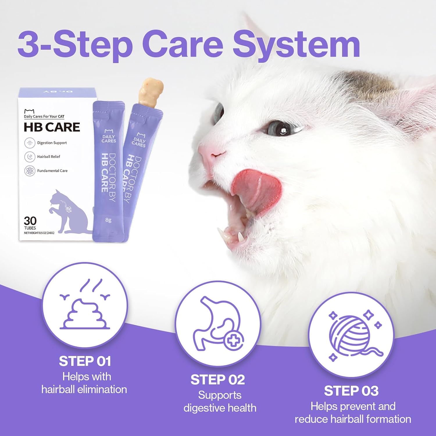 Dr.by HB Care Hairball Supplement for Cats– Hairball Relief Furball Control Remedy & Digestive Support Supplements with Omega-3, Chitosan-30 Individuallly Packaged (1 Pack, 30 Count)