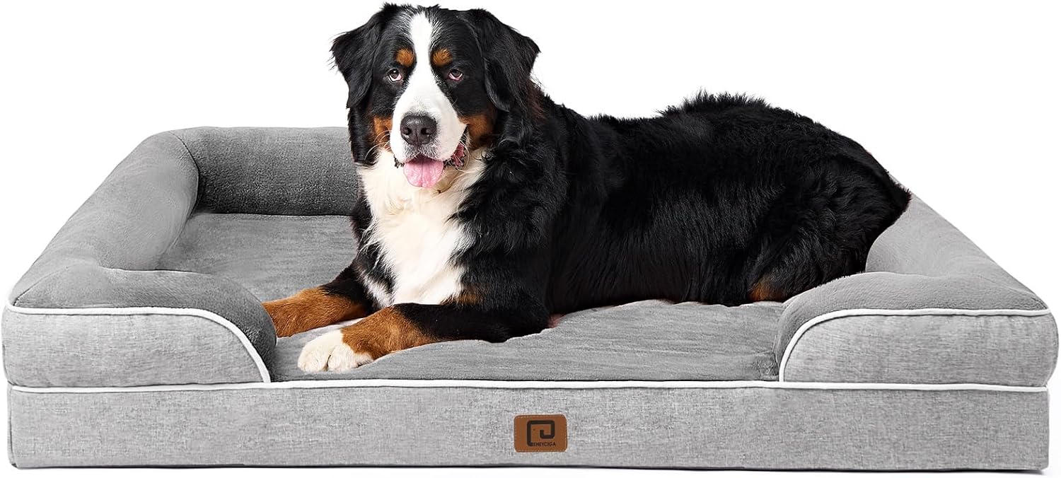 EHEYCIGA Orthopedic XL Dog Beds, Waterproof Memory Foam Dog Bed for Extra Large Dogs, Non-Slip Bottom and Egg-Crate Foam Big Pet Couch Bed with Washable Removable Cover, Grey