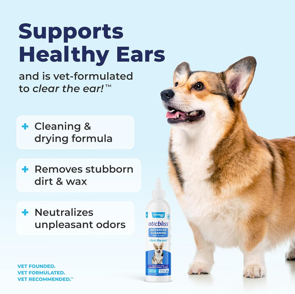 Vetnique Oticbliss Cat & Dog Ear Cleaners: Medicated Dog Ear Drops for Infection, Antiseptic Flush, & Wipes to Reduce Itchy Ears & Head Shaking - Vet Recommended for Itchy Ears (8oz, Flush)