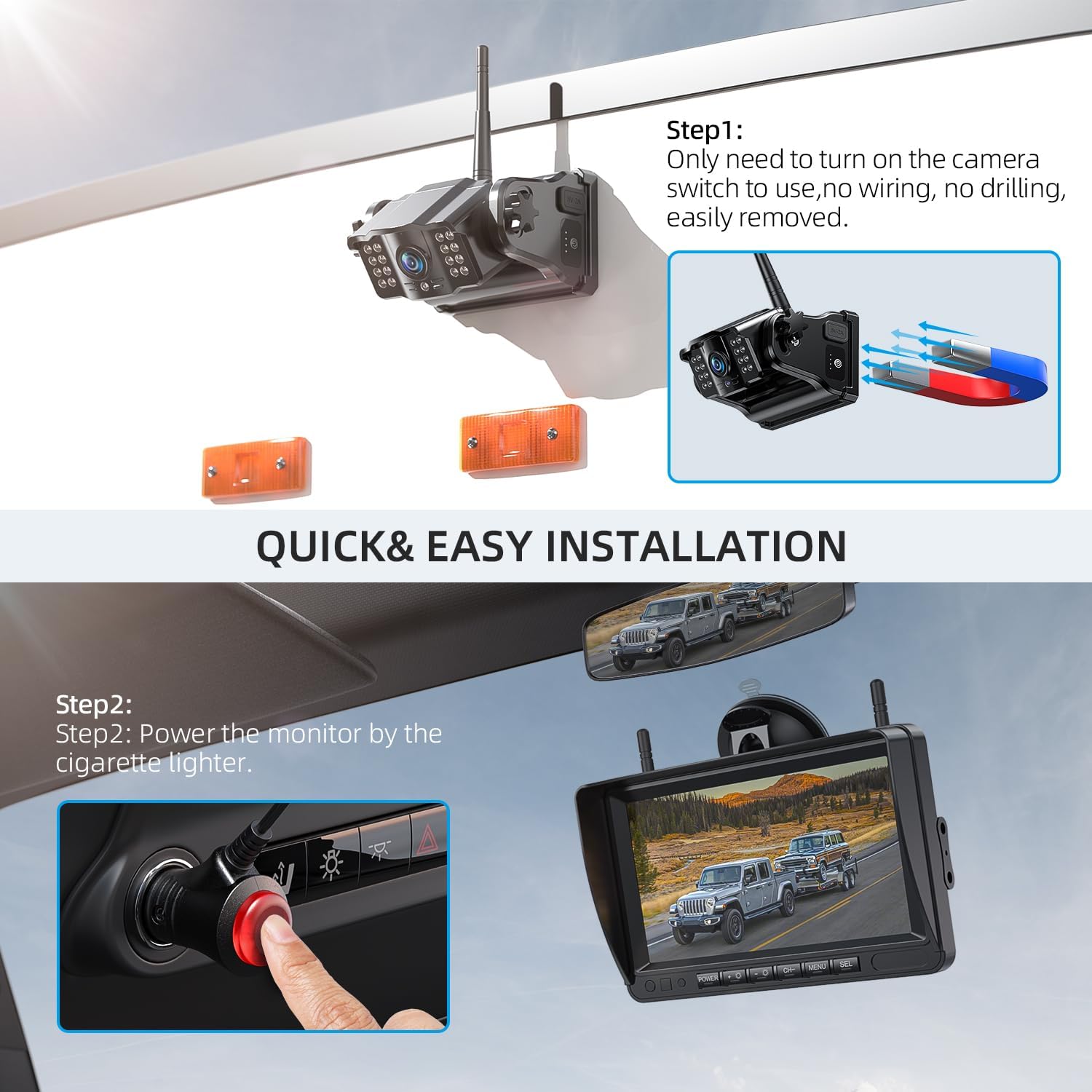 eRapta Magnetic Wireless Backup Camera Kit with HD1080P 7” DVR Monitor, Dual RV/Trailer/Truck/Tractor Cameras Wireless System, No Wiring, 9600mAh Rechargeable Battery, IR Night Vision-ACT702