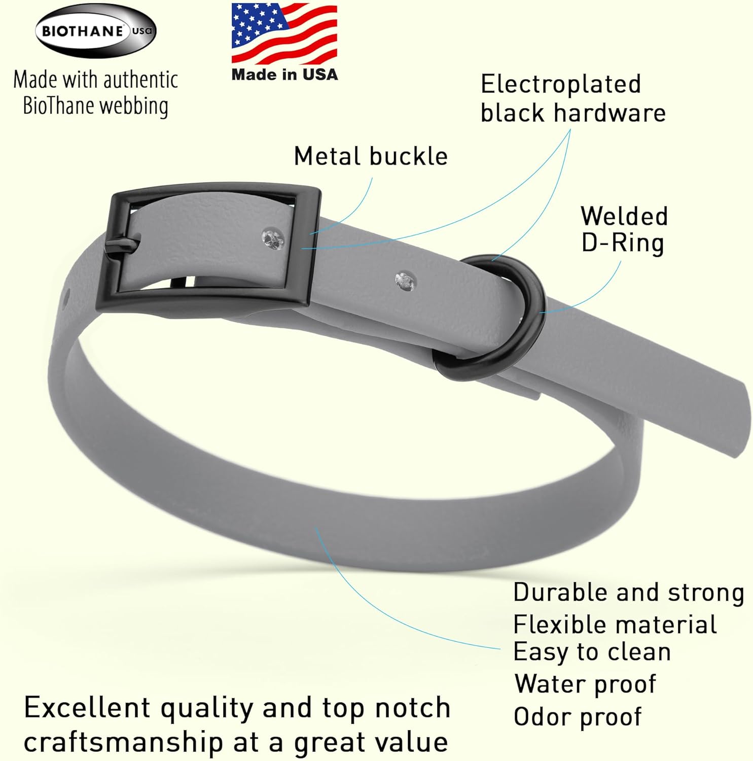 Dogline Biothane Waterproof Dog Collar Strong Coated Nylon Webbing with Black Hardware Odor- Proof for Easy Care Easy to Clean High Performance Fits Small Medium or Large Dogs, Battleship Gray