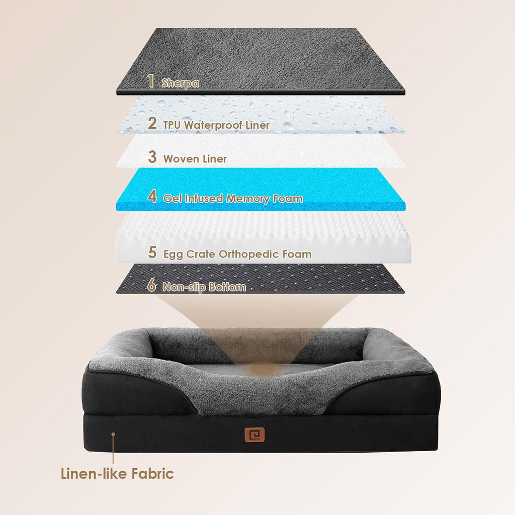 EHEYCIGA Memory Foam XL Dog Bed for XLarge Sized, Extra Large Orthopedic Dog Sofa with Sides and Waterproof Liner, Washable Bolster Pet Bed Couch with Removable Cover, 42x30x7.5 Inch, Grey/Black