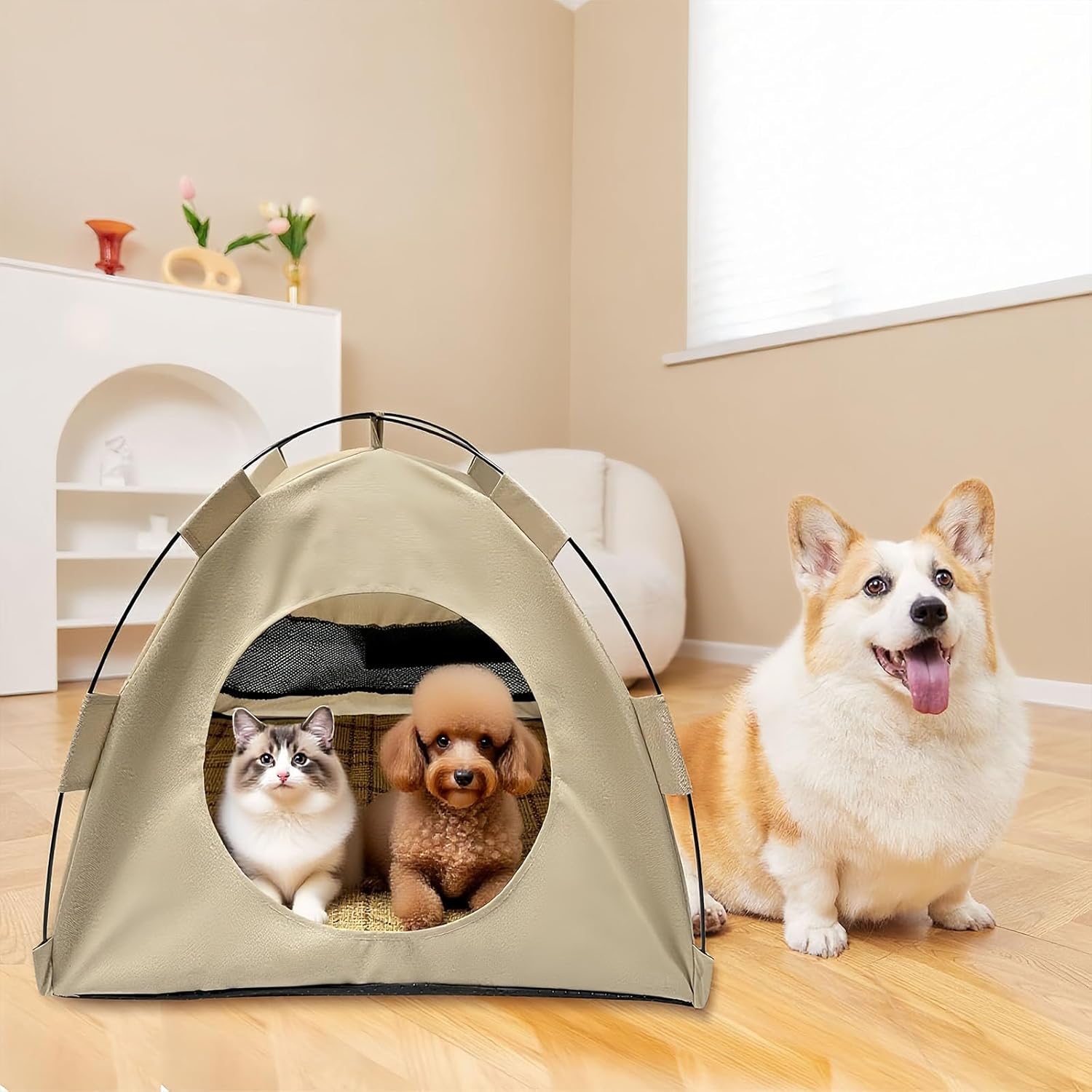 BreezyDen Pop-Up Pet Tent – Portable Hideaway for Cats & Small Dogs, Portable Indoor/Outdoor Pet Tent House with Mesh Window, Waterproof, Breathable, Scratch-Resistant, Fully Washable (Gray,M)