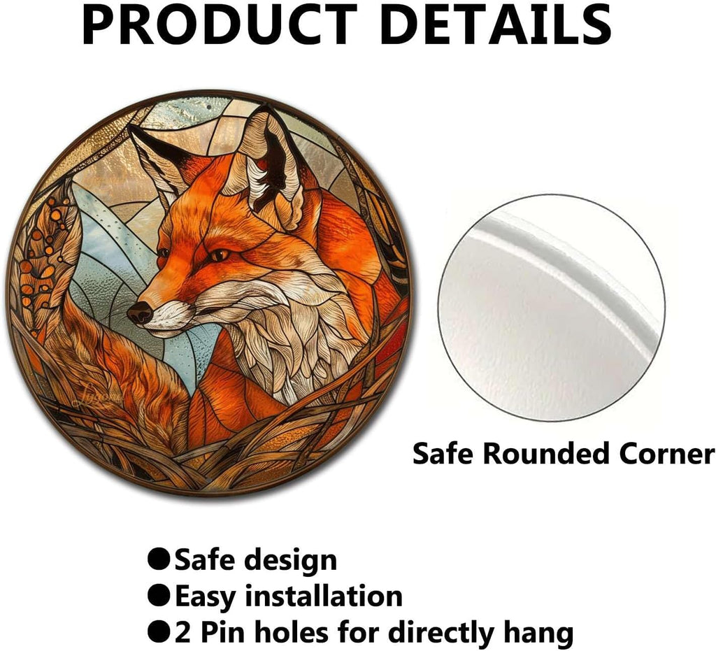 Lygond Metal Sign Tin Sign Circular Stained Glass Fox Minimalist Wall Art for Pub 12×12 Inches