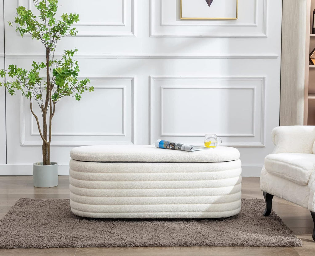 Kmax 45" Storage Bench Faux Fur Entryway Bench Upholstered Ottoman Bench for Bedroom Living Room Hallway, White