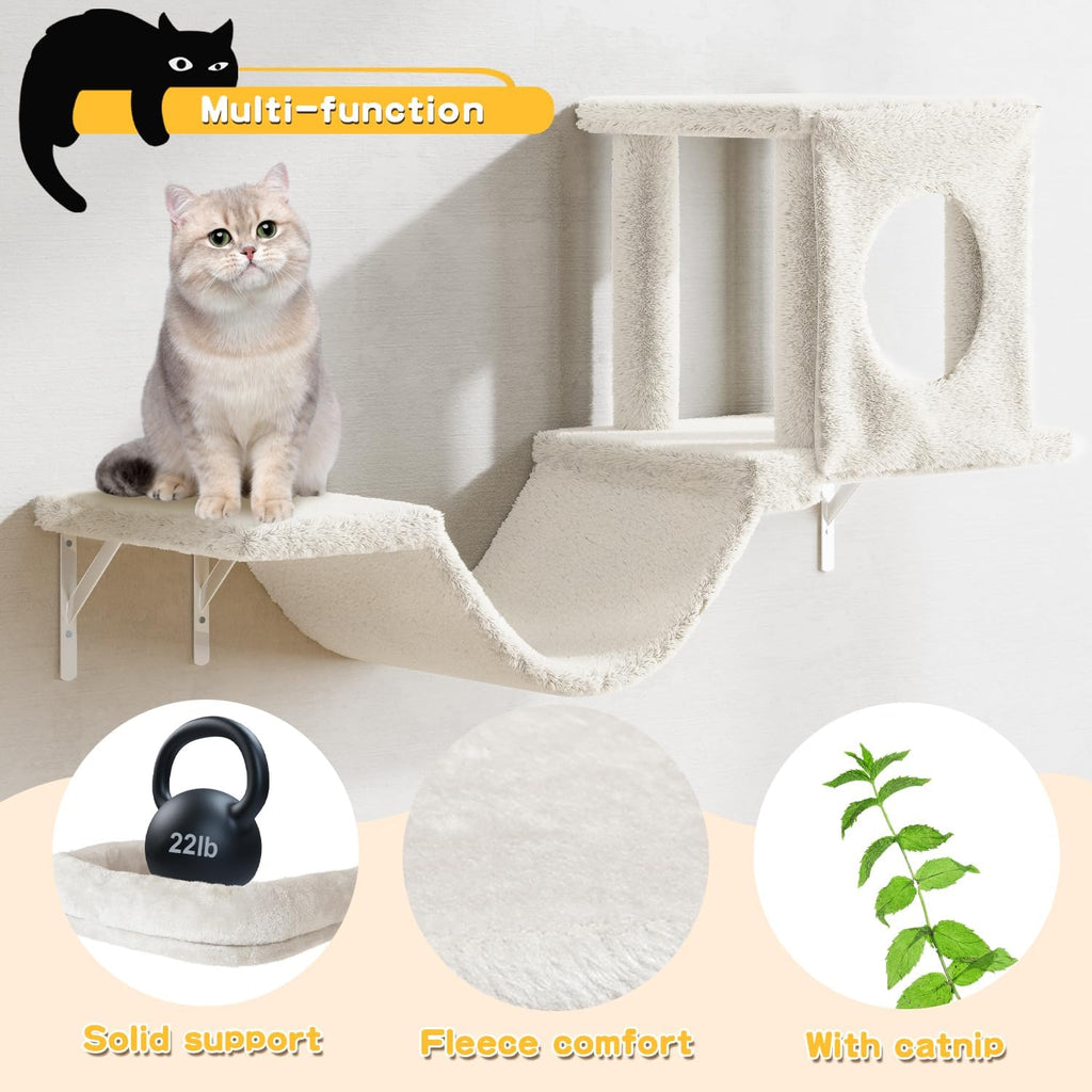 NUNU LAB Cat Wall Shelves, 6 Pcs Luxury Wall-Mounted Cat Climber Set, Indoor Cat Furniture with 1 Condos House, 2 Cat Wall Shelves, 1 Scratching, 1 Bridge Ladder, 1 Scratching Pad, White