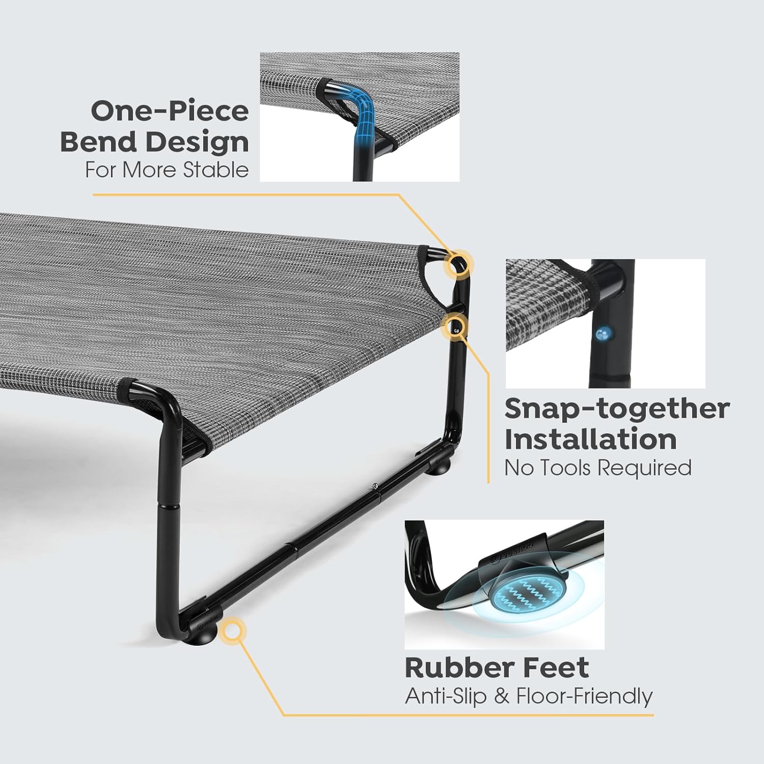Veehoo Original Outdoor Elevated Dog Bed, Cooling Raised Dog Cot for Large Dogs, Portable Standing Pet Hammock Platform with Washable Breathable Mesh, No-Slip Feet, 47" x 32", Black Silver