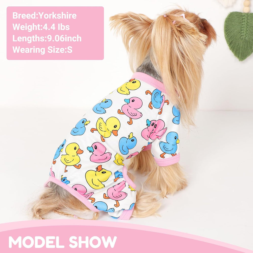 Dog Pajamas Small Sized Dogs Stretchable Summer Dog Clothes Pjs 4 Legs Girl Boy Cute Soft Puppy Outfits Doggie Cat Jammies Jumpsuit Sleeper for Pet (Duck, Medium)