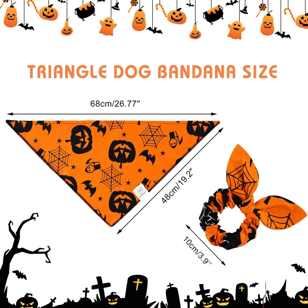 E-Clover Halloween Dog Bandanas & Matching Scrunchie Set Pumpkin Dog Bandana Triangle Pet Bibs Scarf Outfit for Small Medium Large Dogs Owner Orange Fall