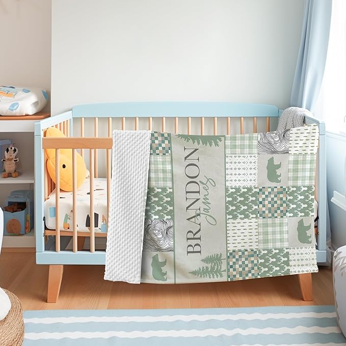 Personalized Rustic Woodland Baby Blanket - Custom Name Bear & Deer Design, Soft Blanket with Double Layer Dotted Backing for Infants Toddlers, Ideal Nursery Decor (47" x60)