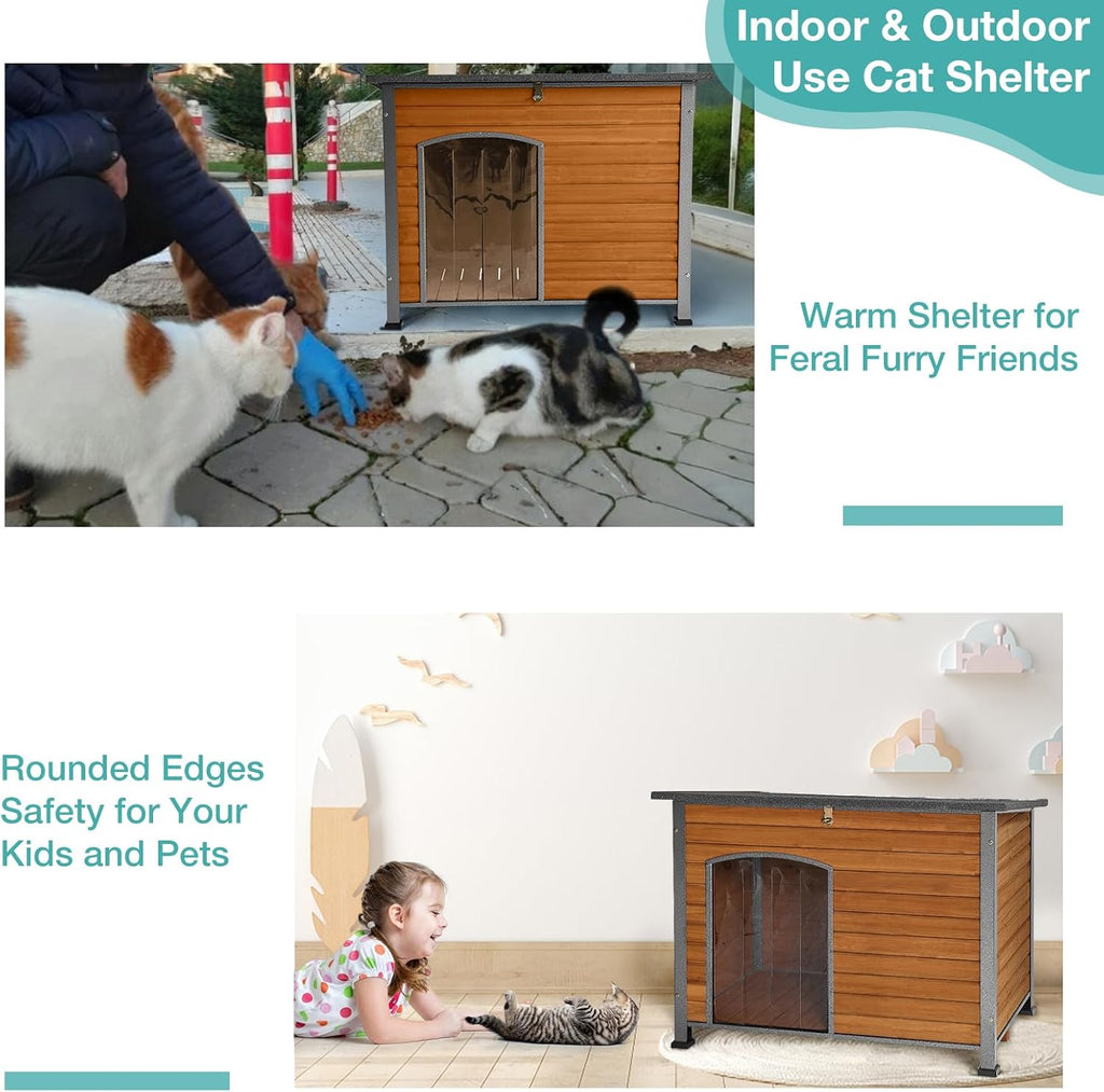 Indoor Outdoor Dog House,Anti-Chewing Iron Frame Dog Kennel,Wood Warm Pets Home,Weatherproof Outside Shelter (43.3" (L) x 29.4" (W) x 33.4" (H) Brown)