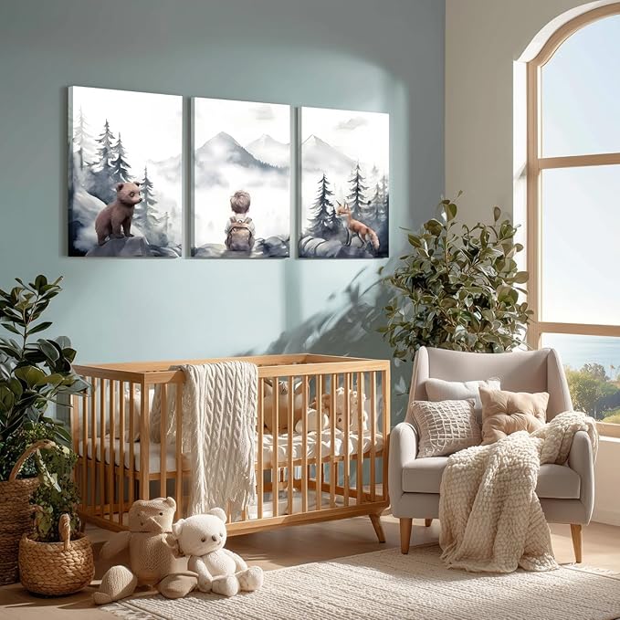 kilamino Neutral Woodland Wild Animal Wall Art, Cute Bear Fox Nursery Wall Decor, Adventure Boy Poster Prints, Vintage Forest Animal Canvas Paintings for Baby Room Classroom Playroom Framed 16"x24"x3