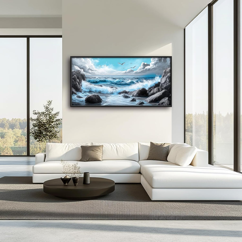Extra Large Framed Abstract Sea Ocean Wall Art,Black and White Wall Decor, Coastal Seashore Pictures for Living Room,Canvas Print Painting Modern Artwork Bedroom Office Bathroom 60L x 30W