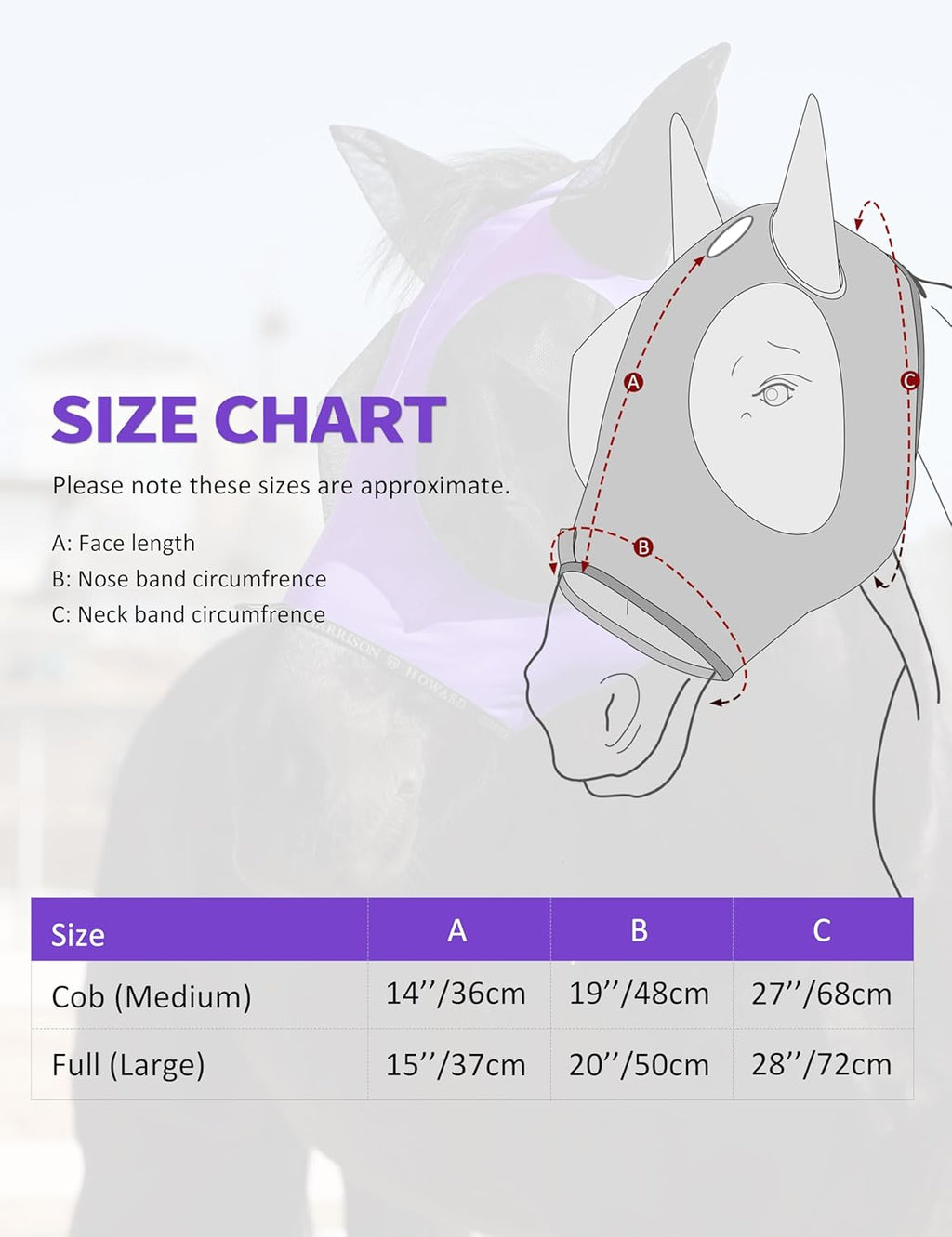 Harrison Howard Horse Fly Mask with Forelock Opening Stretch Breathable and Comfortable for Horses UV -Protection Purple M