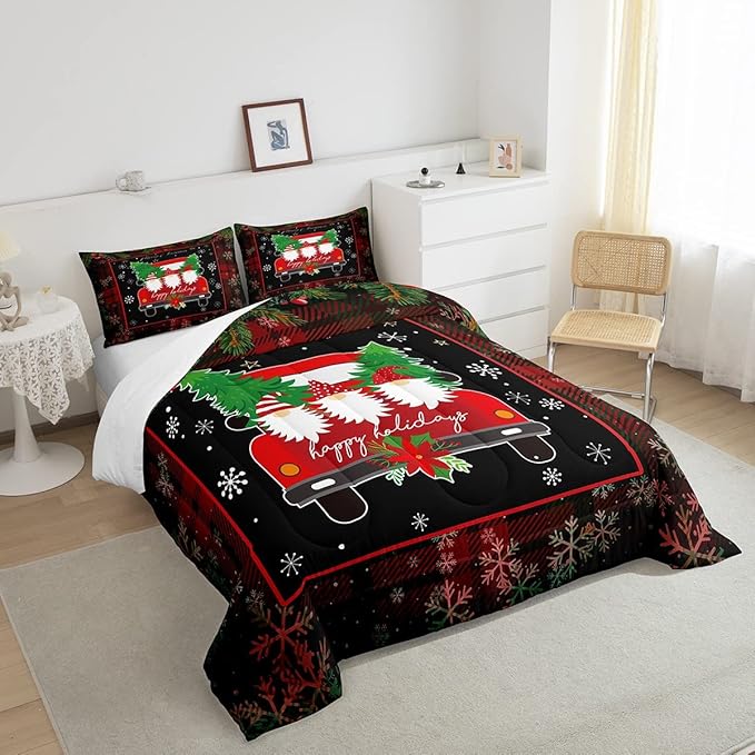 Feelyou Merry Christmas Bedding Sets for Kids, Black White Xmas Tree Car Snowflake Geometric Comforter Set King Size Decor 3 Pcs with 2 Pillow Cases Boys