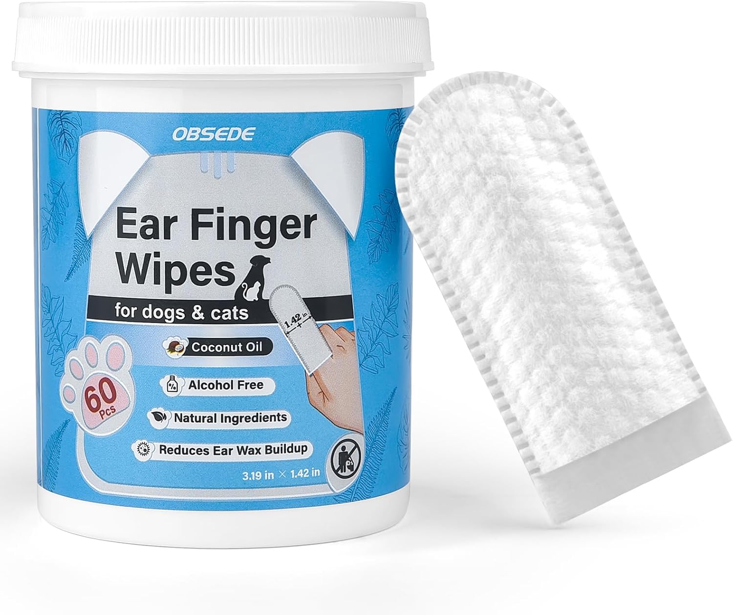 OBSEDE Dog & Cat Ear Wipes, 60 Count Finger Wipes for Gentle Cleaning & Itch Relief - Fresh Coconut Scent, Removes Wax & Odor – Daily Pet Grooming Supplies