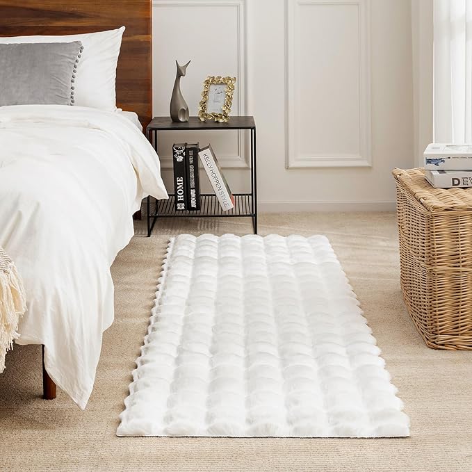 Ashler Faux Rabbit Fur Rug, White 2x6 FT Fluffy Soft Runner Area Rugs, Rectangle Fuzzy Carpet for Living Room, Bedroom, Machine Washable Shaggy Nursery - 3D Bubble Mat