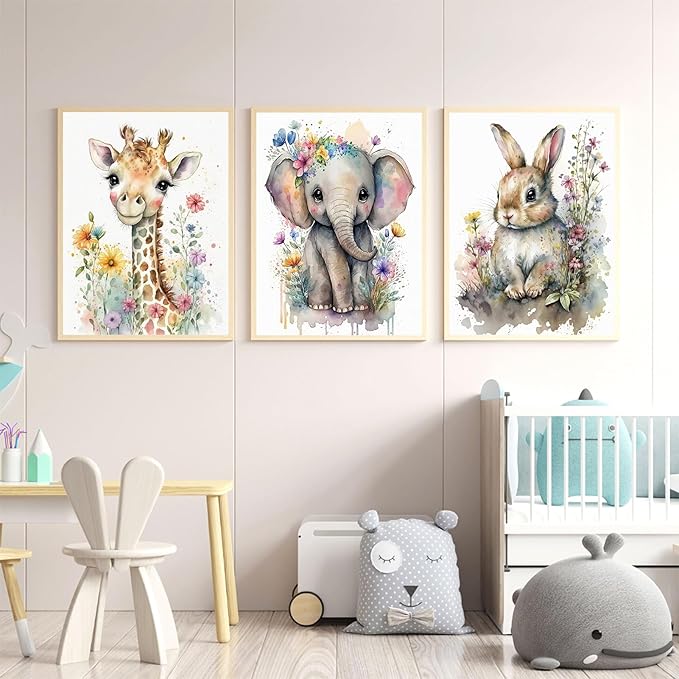 3Pcs Baby Watercolor Safari Animals Nursery Canvas Wall Art Cute Jungle Animals with Wildflower Picture Posters Wall Decor Giraffe Elephant Rabbit Painting Print Artwork for Kids Children Room 16x24in