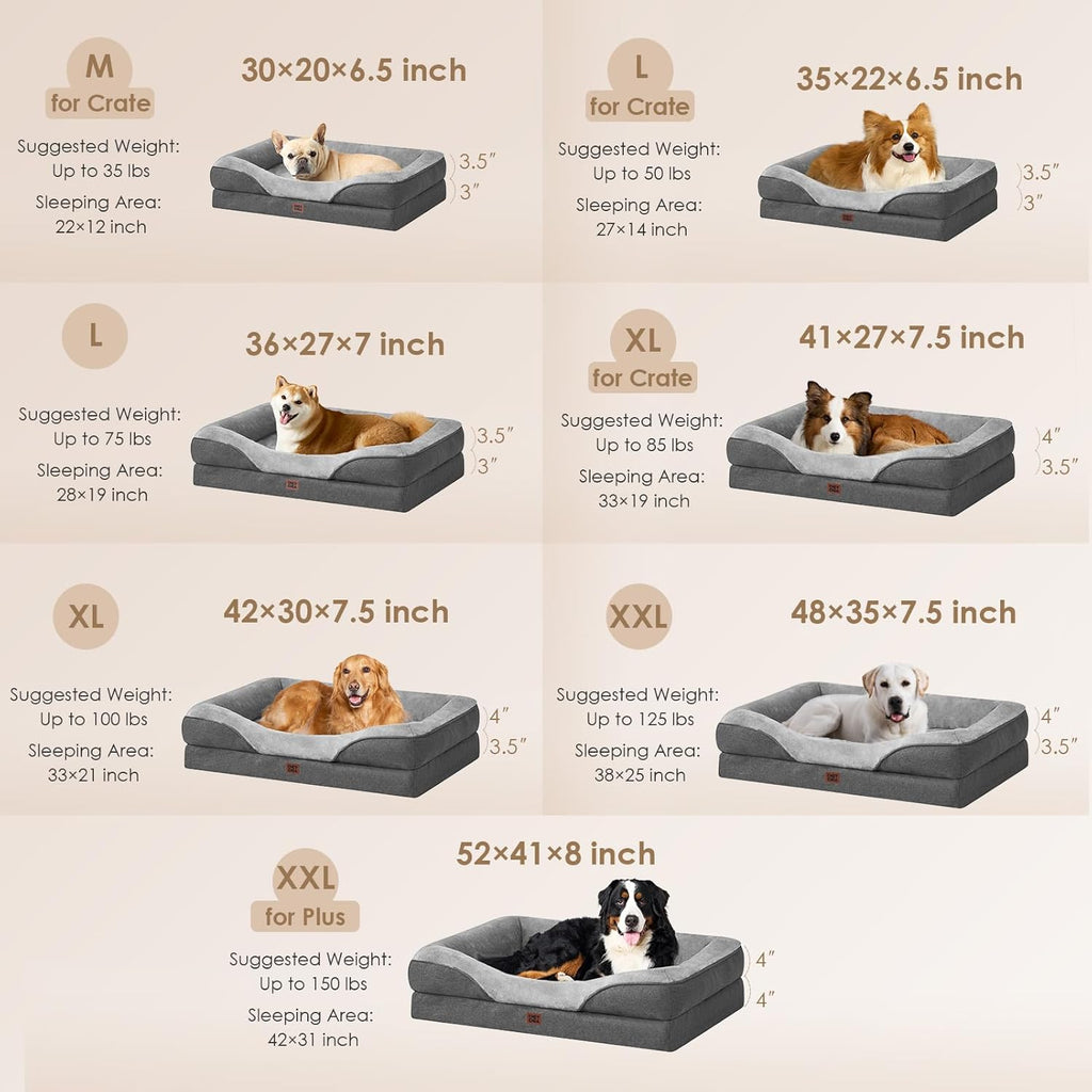 EHEYCIGA Memory Foam XXL Dog Bed for XLarge Sized, Extra Large Orthopedic Dog Sofa with Sides and Waterproof Liner, Washable Bolster Pet Couch with Removable Cover, 52x41x8 Inch, Grey