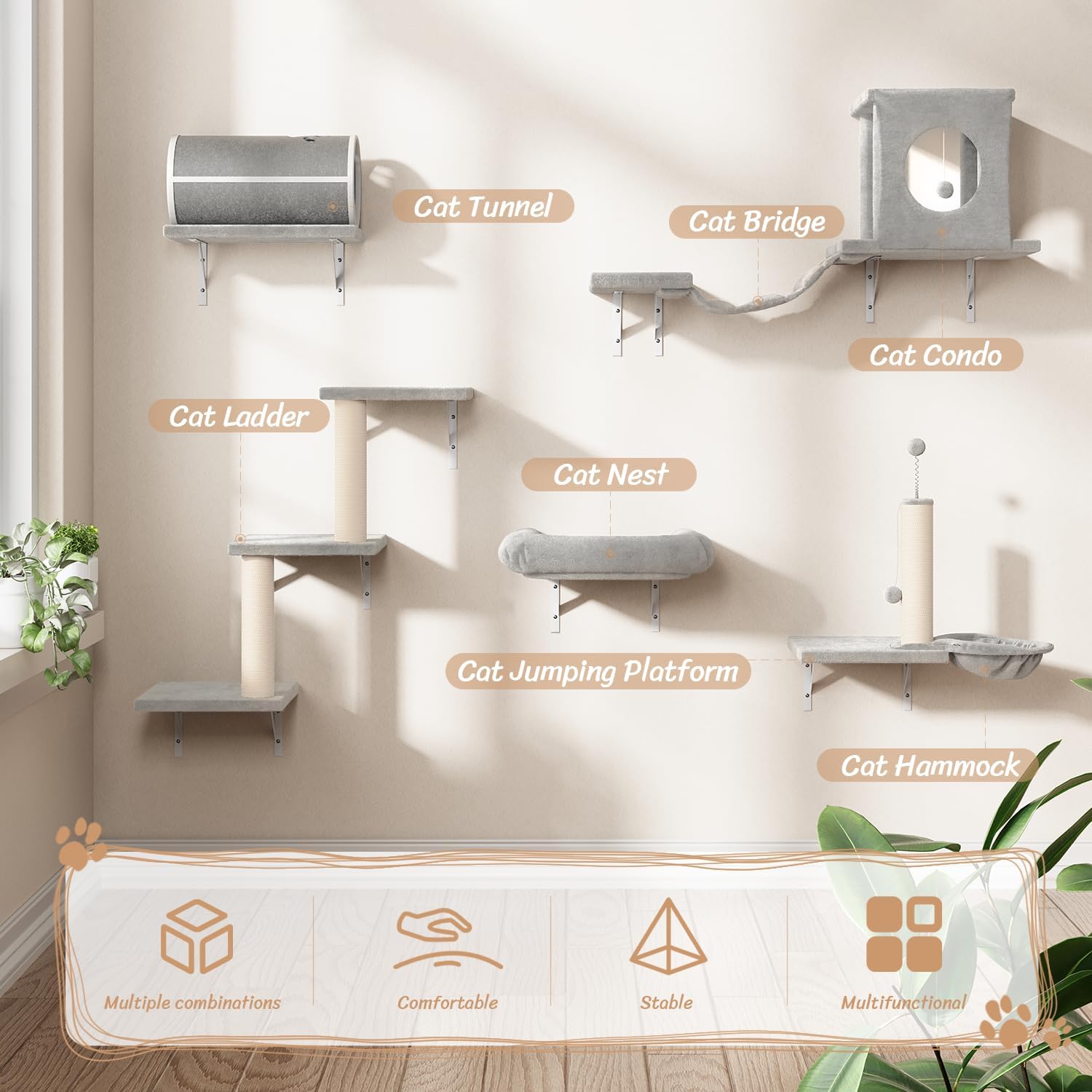 NUNU LAB Cat Wall Shelves Set, 7 Pcs Wall-Mounted Cat Climber with Cat House, Tunnel, Bridge, Scratching Post, Hammock, Wall Shelves, Gray
