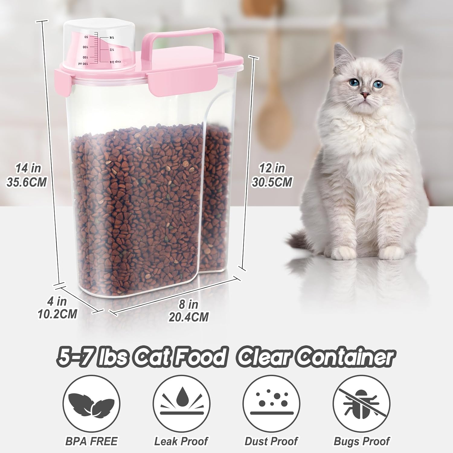 5-7Lbs Dog Cat Food Storage Container with Upgraded Large Nozzle BPA-free, 4 Snap Seals Plastic Pet Food Storage Containers with Handles (1, Light Pink, 5L)