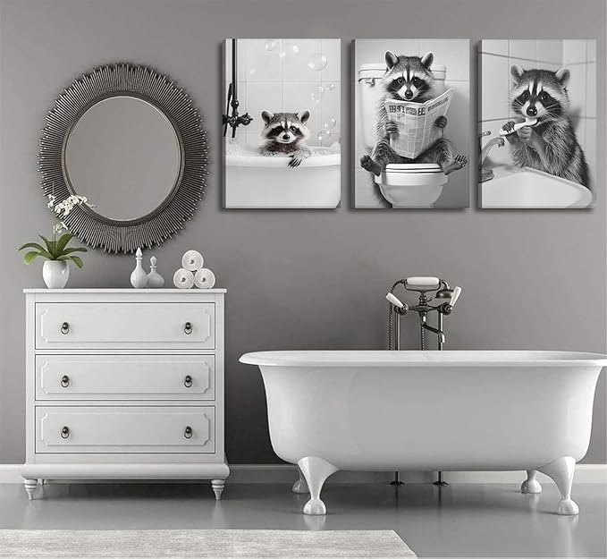Funny Raccoon Bathroom Canvas Wall Art set of 3 Black and White Cute Raccoon Sitting on Toilet Poster Print Artwork Humor Adorable Animals Pictures Wall Decor for Washroom Restroom laundry 16x24in