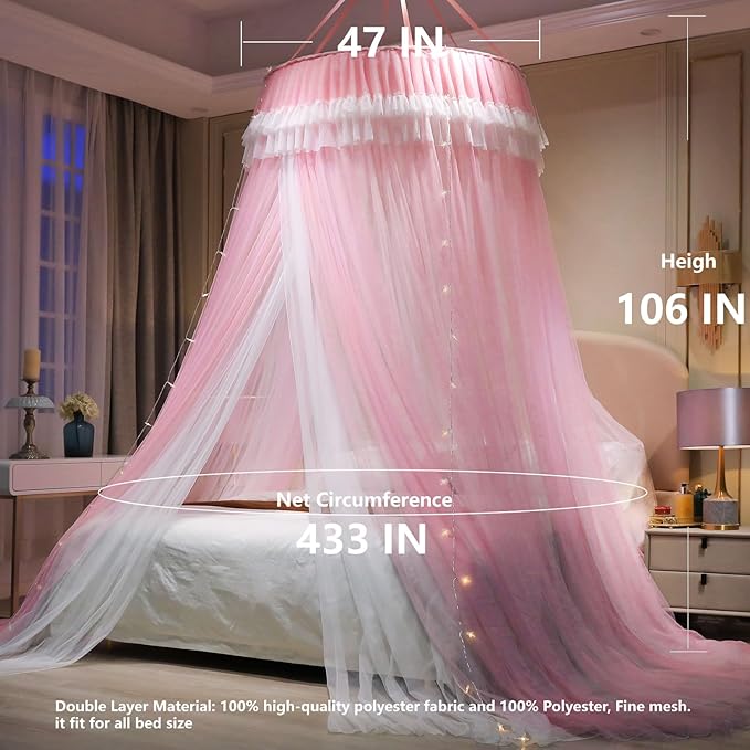 AIKASY Girls and Adults Canopy Bed, Elegant Double-Layer Bed Curtain, Children's Dream Round Lace Mosquito Net, Princess Canopy Net - Fits Twin, Full, Queen, and King Beds (White/Pink)