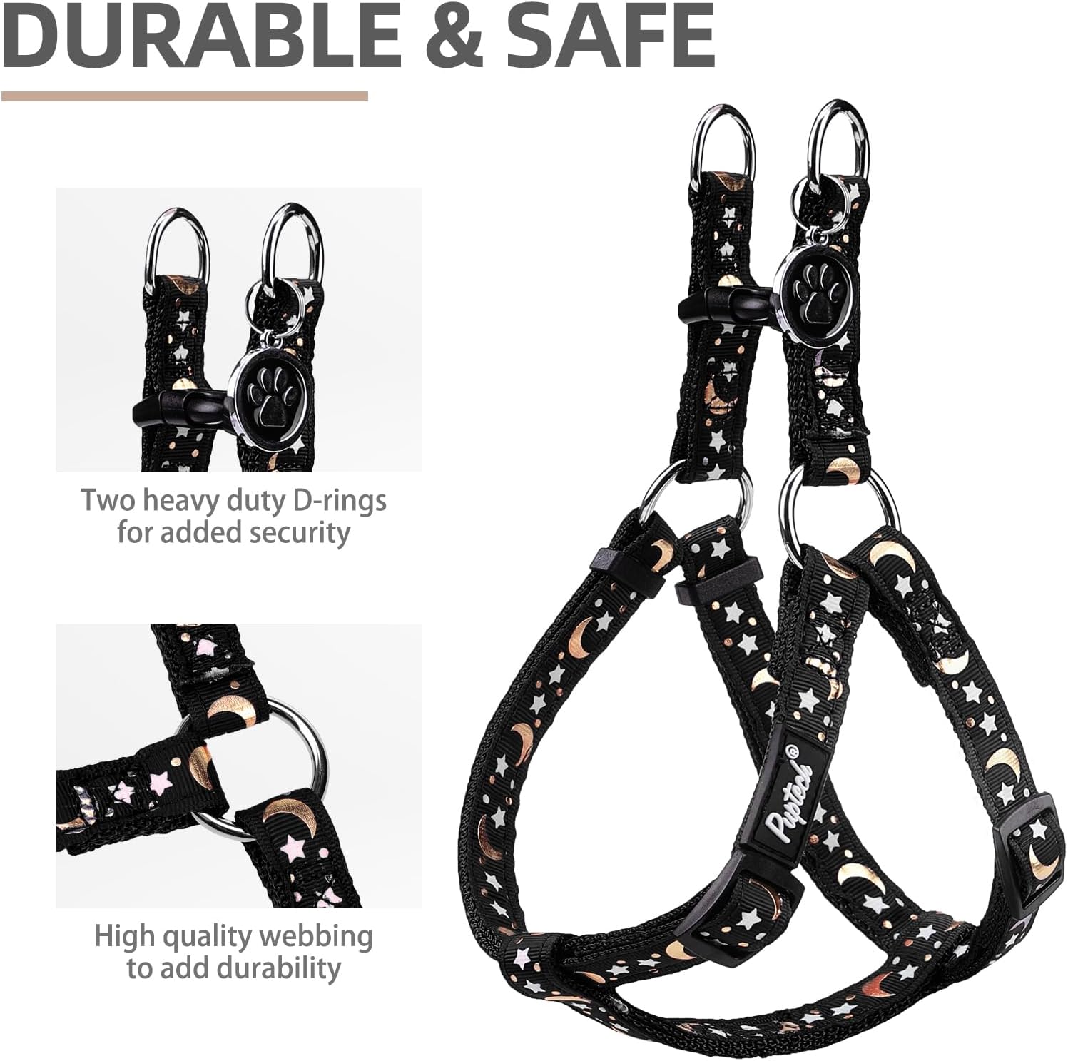 PUPTECK No Pull Dog Harness Soft Adjustable Basic Nylon Step in Puppy Vest Outdoor Walking with ID Tag, Moon Star Black, S