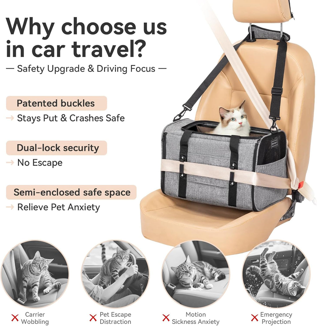 Petsfit Pet Carrier for Large Cats, Cat Carrier for Medium Cats and Puppy up to 20lbs, 4-Sided Breathable Mesh, Escape Proof and Locking Zipper, Sturdy Structure,Grey