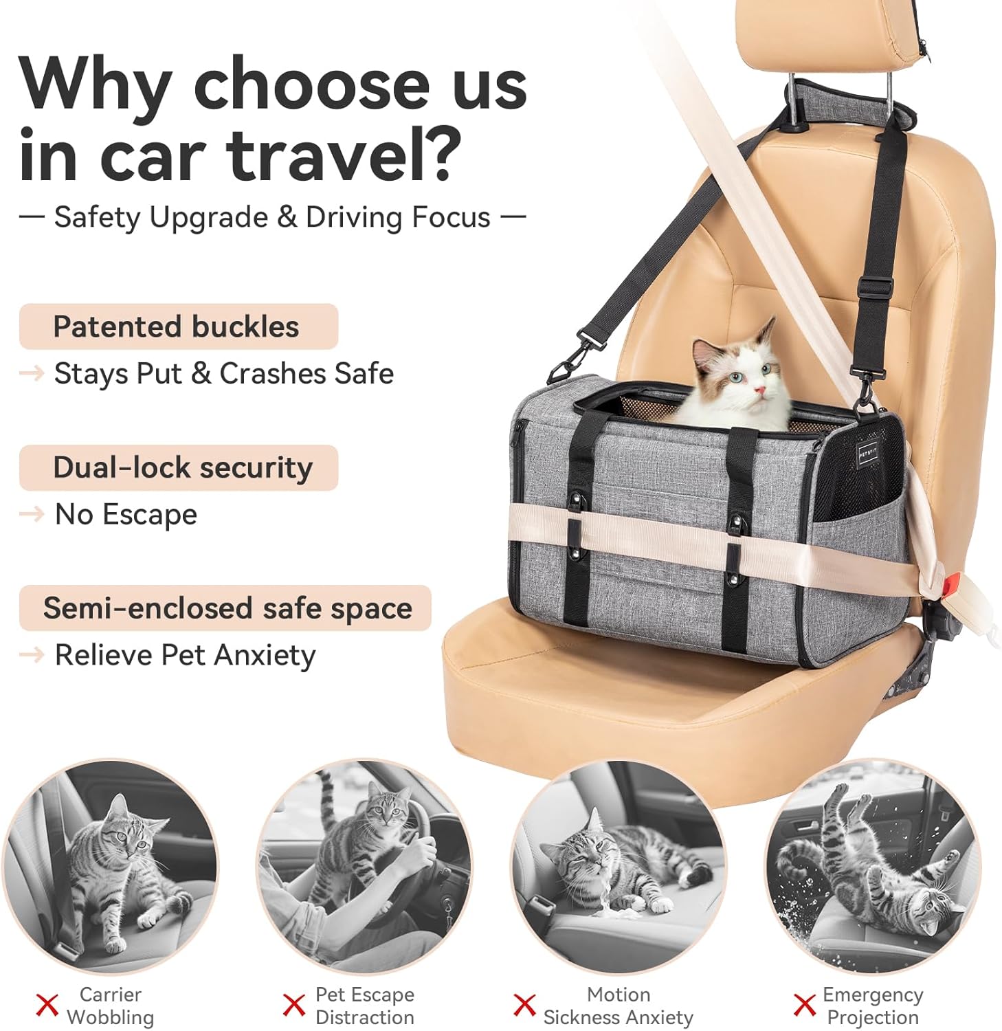 Petsfit Pet Carrier for Large Cats, Cat Carrier for Medium Cats and Puppy up to 20lbs, 4-Sided Breathable Mesh, Escape Proof and Locking Zipper, Sturdy Structure,Grey