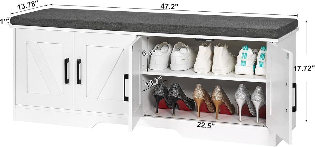 2-Tier Storage Bench, Shoe Bench with Padded Seat Cushion, Entryway Bench with 4 Barn Doors, Adjustable Shelf, 13.8" D x 47.2" W x 17.7" H, for Entryway, Living Room, Bedroom, White