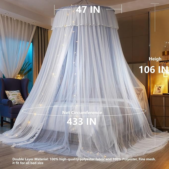 AIKASY Princess Bed Canopy for Girls & Adults, Elegant Double-Layer Bed Curtain, Children's Dream Round Lace Mosquito Net, Princess Canopy Net - Fits Twin, Full, Queen, and King Beds (Light Gray)