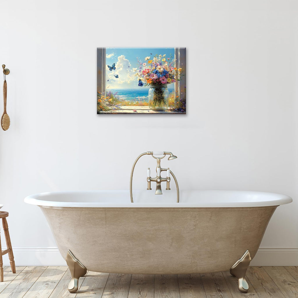 Beach Floral Bathroom Pictures Wall Art, Colorful Flower Bathroom Wall Decor, Coastal Ocean Framed Painting Canvas Artwork for Bedroom Living Room Decorations 16"L x 12"W