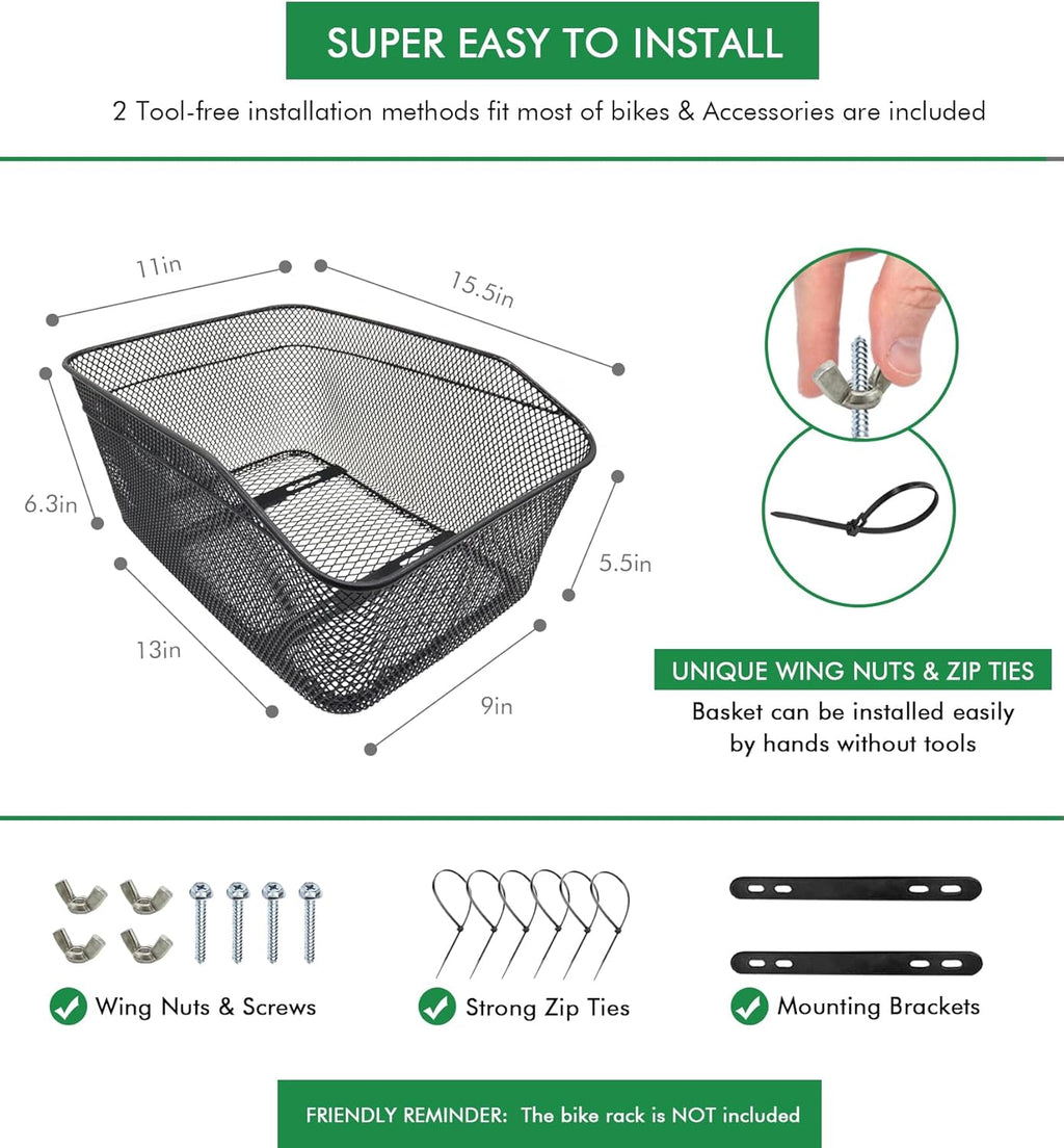 Rear Bike Basket, Tool-Free Install, Dog/Pet Carrier, Ebike Electric Bicycle Back Cargo Basket, Fits Most Rear Racks, with Waterproof Cover, Cargo Net