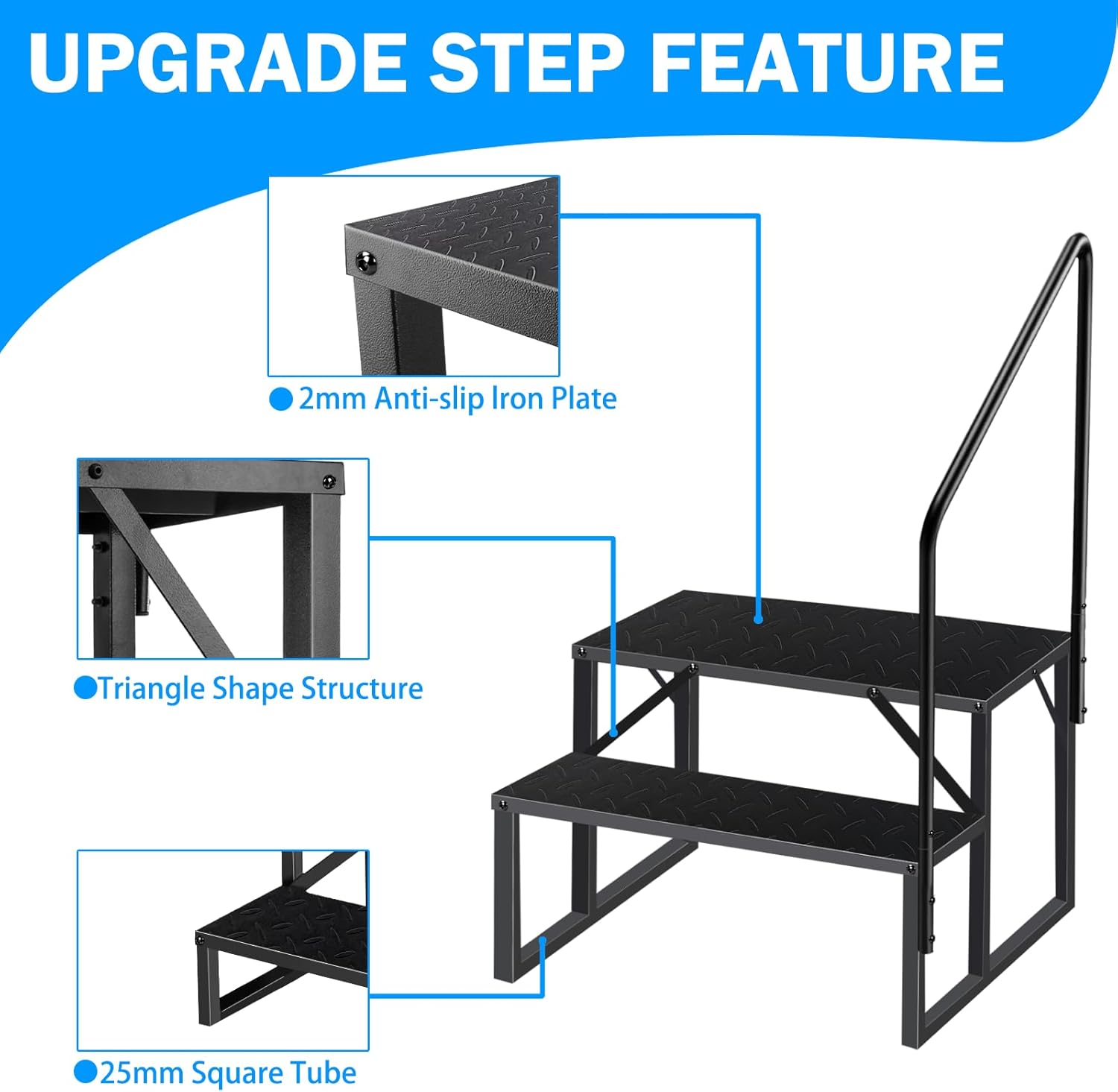 RV Step Stool, 2 Step Ladder, Hot Tub Steps with 2 Handrails, Heavy Duty Ladder Shelf Bookcase, 5th Wheel RV Mobile Home Stairs for Camper/Porch/SPA Pool/Pet Stairs(1 Pack)