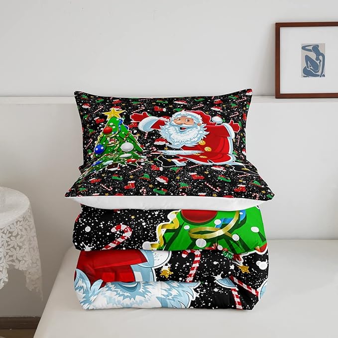 Feelyou Merry Christmas King Size Comforter Set Santa Claus Christmas Tree Galaxy Red Black Bedding Quilt for Girls Boys Kids 1 Comforter + 2 Pillow Cases