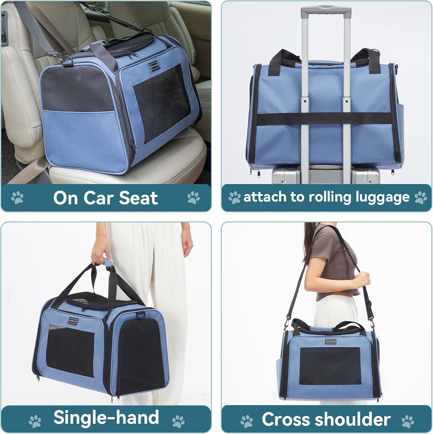 PETSFIT Dog Carrier for Small Dogs, Small Dogs Carrier Bag, Soft-Sided Pet Carrier with a Safety Leash for Pets Up to 25 Lbs (Large, Blue)
