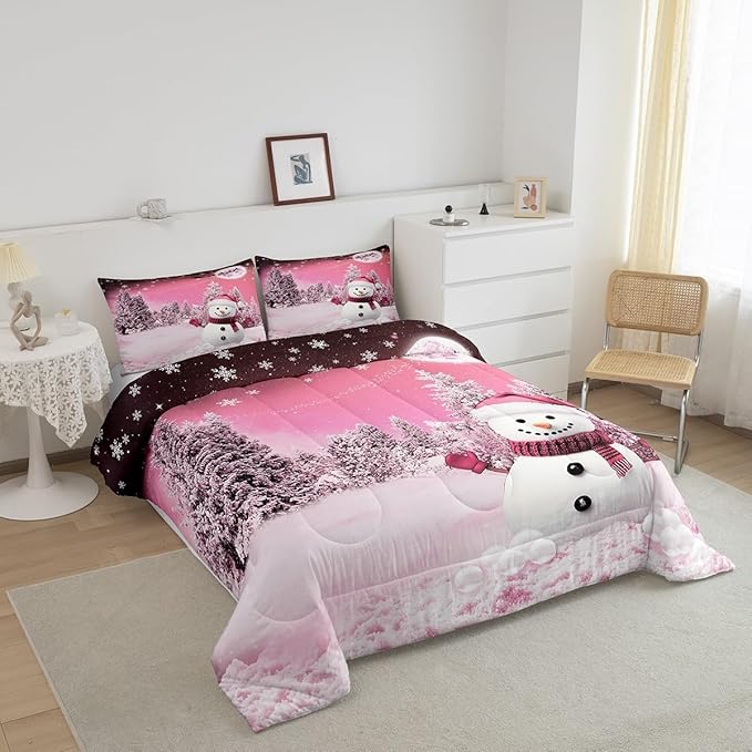 Feelyou Kids Merry Christmas Decorations Queen Size Comforter Set Xmas Snowman Bedding Set Girly Pink Quilt Set Soft Warm Lightweight Duvet Set