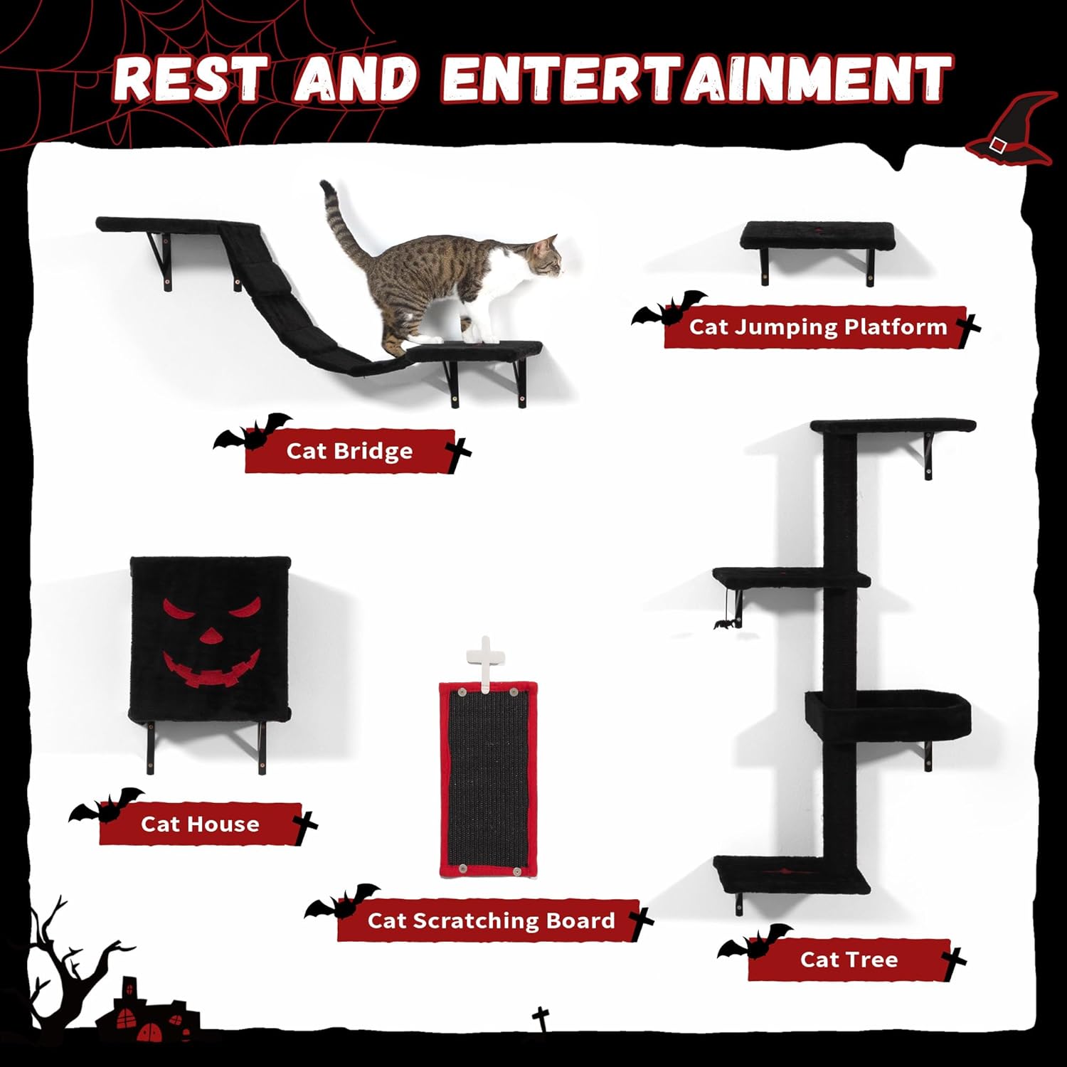 COZIWOW Wall-Mounted Cat Tree | Space-Saving Feline Furniture with Multiple Levels | Durable Scratch Post for Indoor Cats, Black&Red