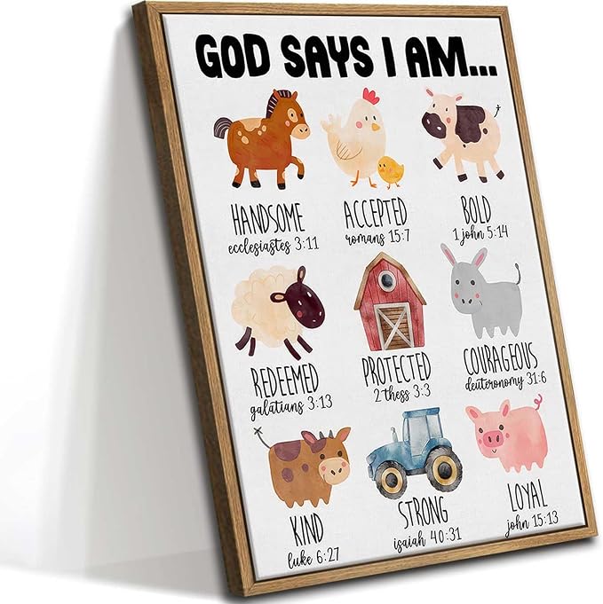 Framed Christian Nursery Canvas Wall Art God Says I Am Inspirational Bible Verses Farm Animals Painting Pictures Wall Decor Posters Prints Artwork For Kids Girls Bedroom Playroom Baby Room