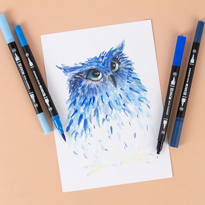 Blue Duo Tip Marker Pens, 12 Pack Fine & Brush Markers for Adult Coloring Books No Bleeding, Ocean Blue Markers for Sky & Sea Landscapes, Water Effects, Calming Mandalas and Journaling