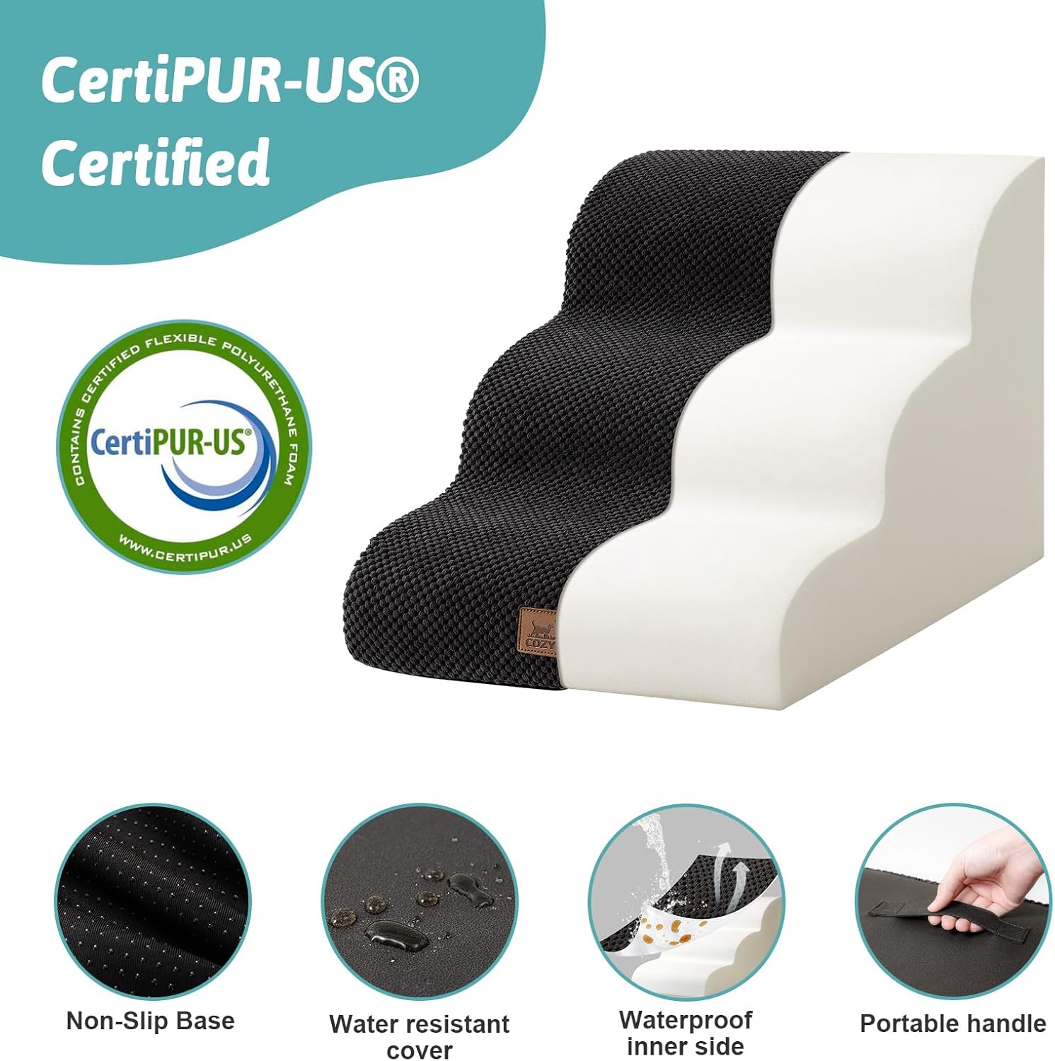 Dog Stairs for Small Dogs 15.7" H, Curved Dog Step for Puppy, Older Cat, Medium Pet Ramp for Sofa, Couch or Bed, Ladder with High Density Foam, 15.7x22.4x15.7 inch, 3 Step, Black
