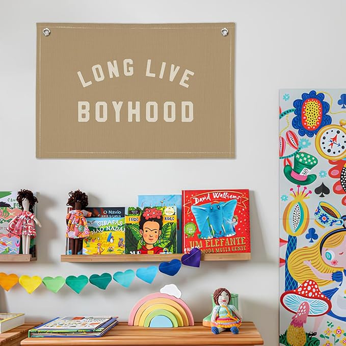 Long Live Boyhood Boys Room Decor - Linen Banner Wall Hanging Canvas Banner Flag Decor for Toddler Boy Room Nursery Playroom - Beige
