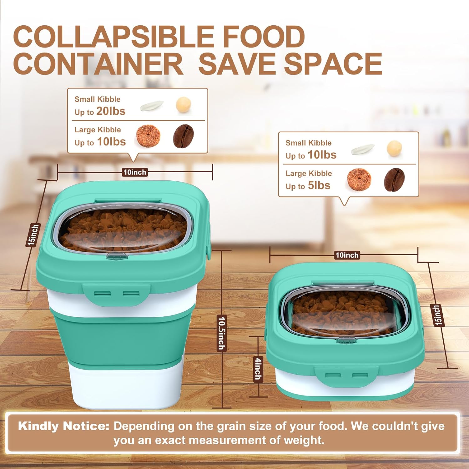 Dog Food Storage Container, 10lb to 13lb Collapsible Dog Cat Food Containers with Airtight Clear Flip-top and Pet Food Scoop, Pet Food Storage Container Bin for Dog Cat Bird Other Pets (Green)